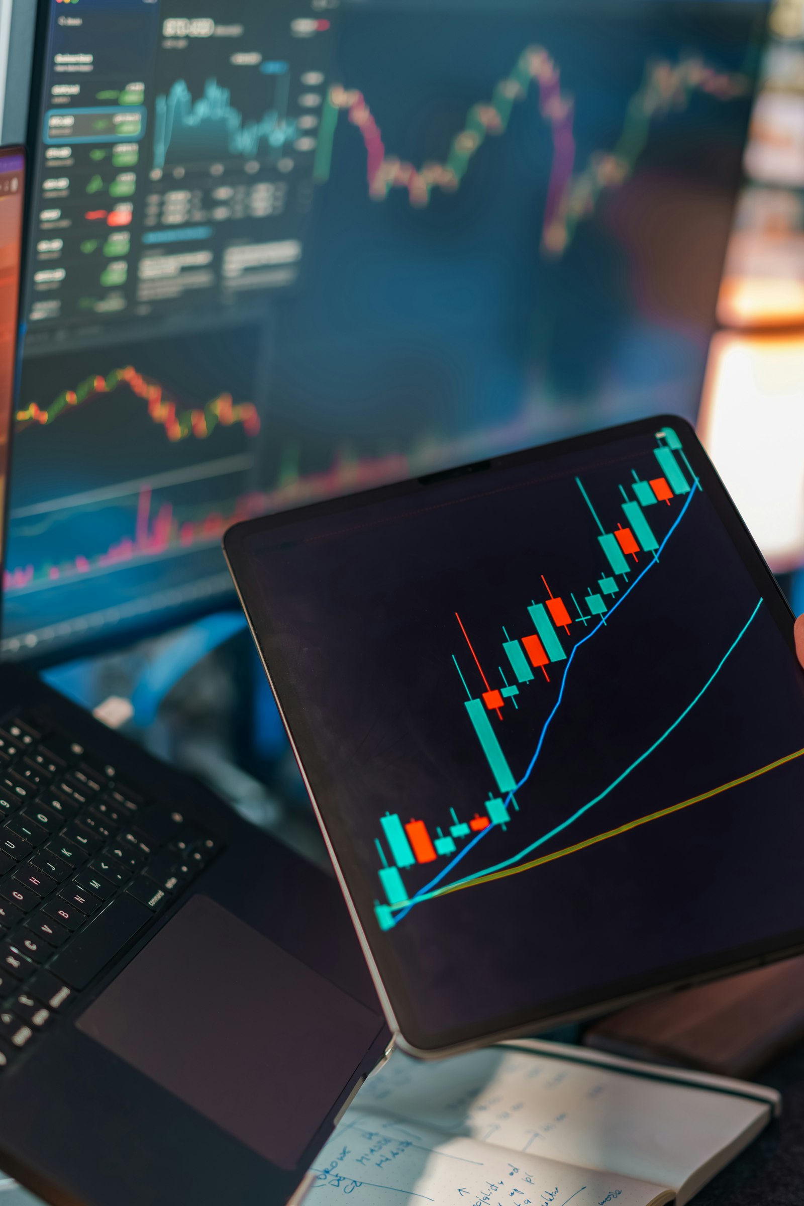 Financial trading analytics candlestick chart displayed across multiple devices