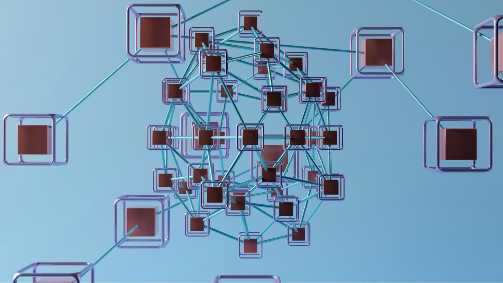 A network of interconnected cubes and thin blue lines representing blockchain connectivity