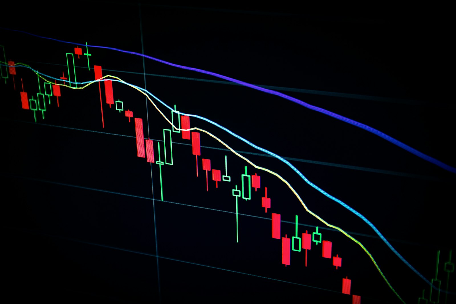 A falling red candlestick chart on a dark trading screen